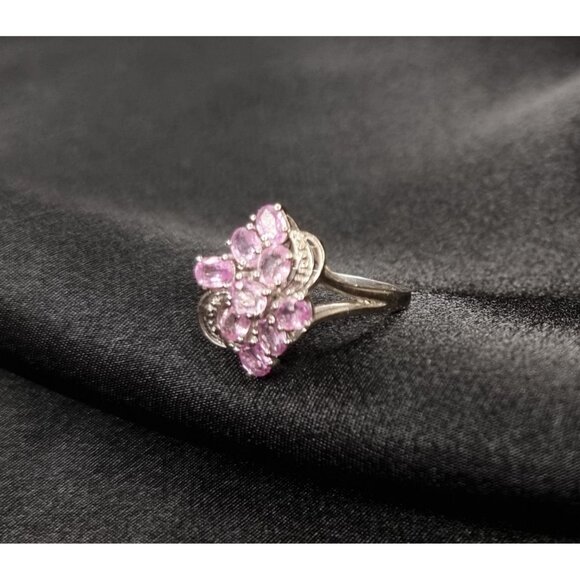 STS Signed 925 Sterling Silver Pink Sapphire Floral Design Ring Size 7.25 - Picture 4 of 5